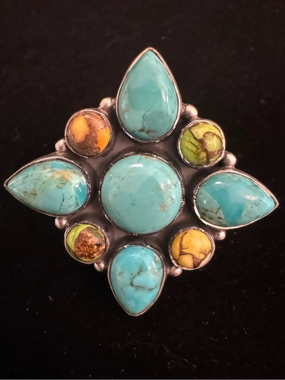 Genuine Turquoise and Yellow honey Dahlia Stone‎ Sterling, silver Statement Ring